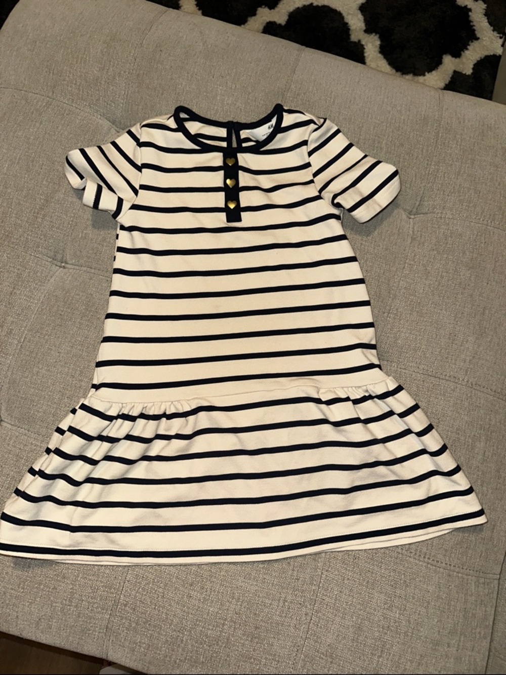 H&M White and Navy Striped Short Sleeve Dress with Heart Buttons